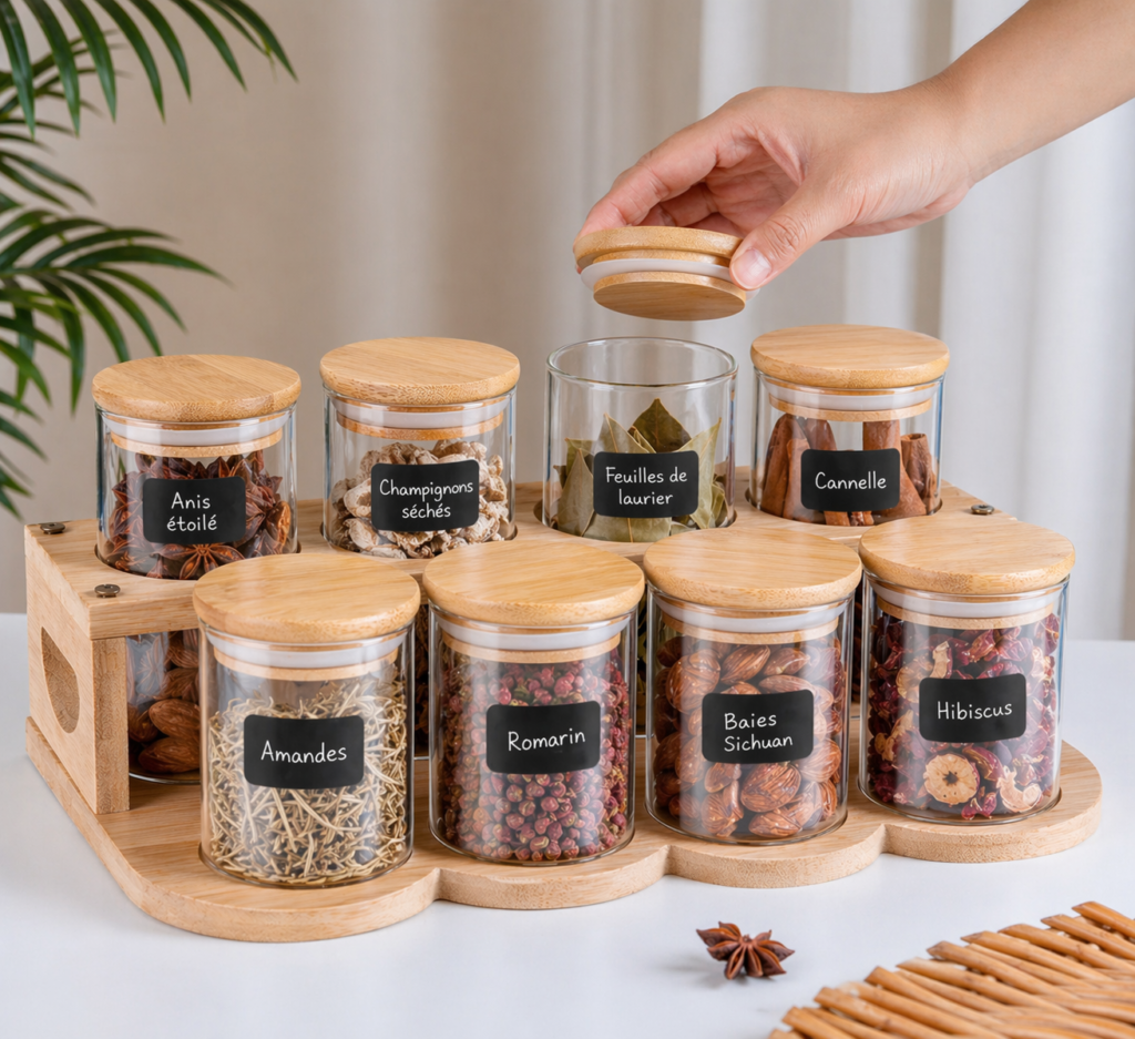 Set de 8 pots à épices avec support en bois et étiquettes