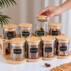 Set de 8 pots à épices avec support en bois et étiquettes