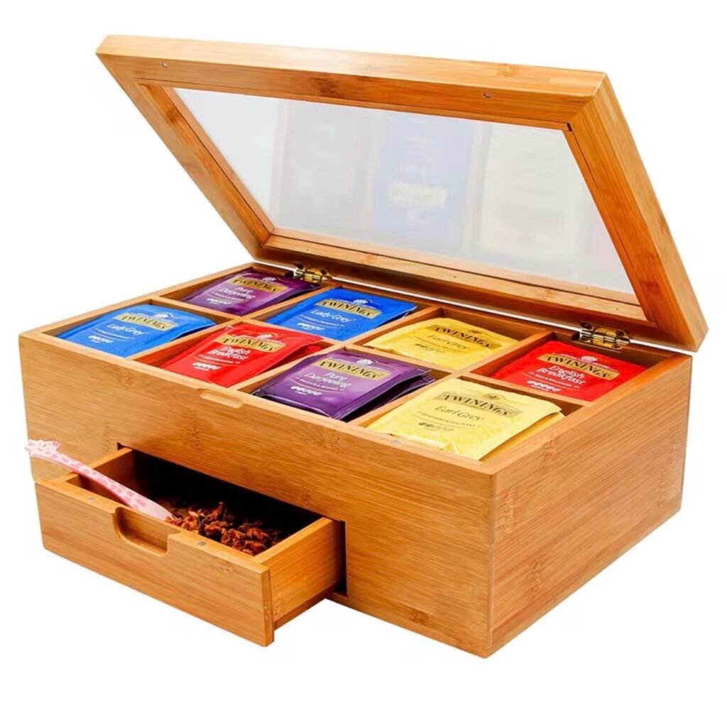 Boîte à thé en bambou avec tiroir et 8 compartiments