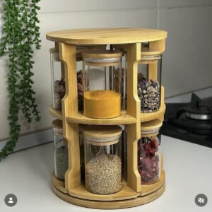 Set de 10 pots à épices 200ml avec support rotatif en bambou, cuillères et étiquettes